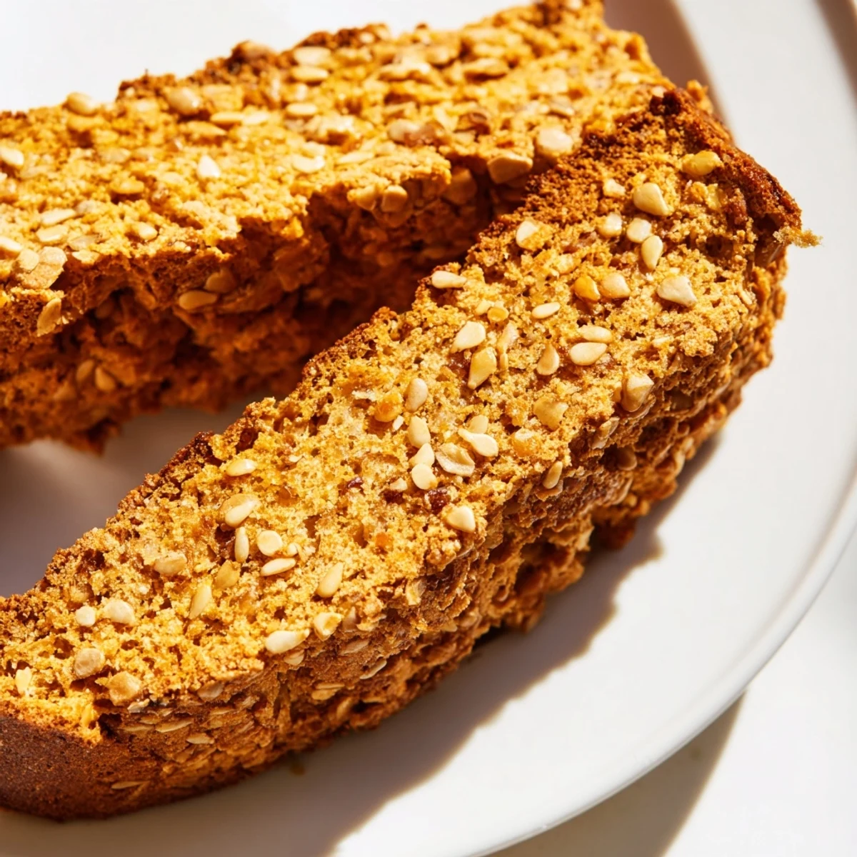 Crisp sesame pumpkin muffin biscotti drizzled with autumnal spices and crunchy nuts.  
