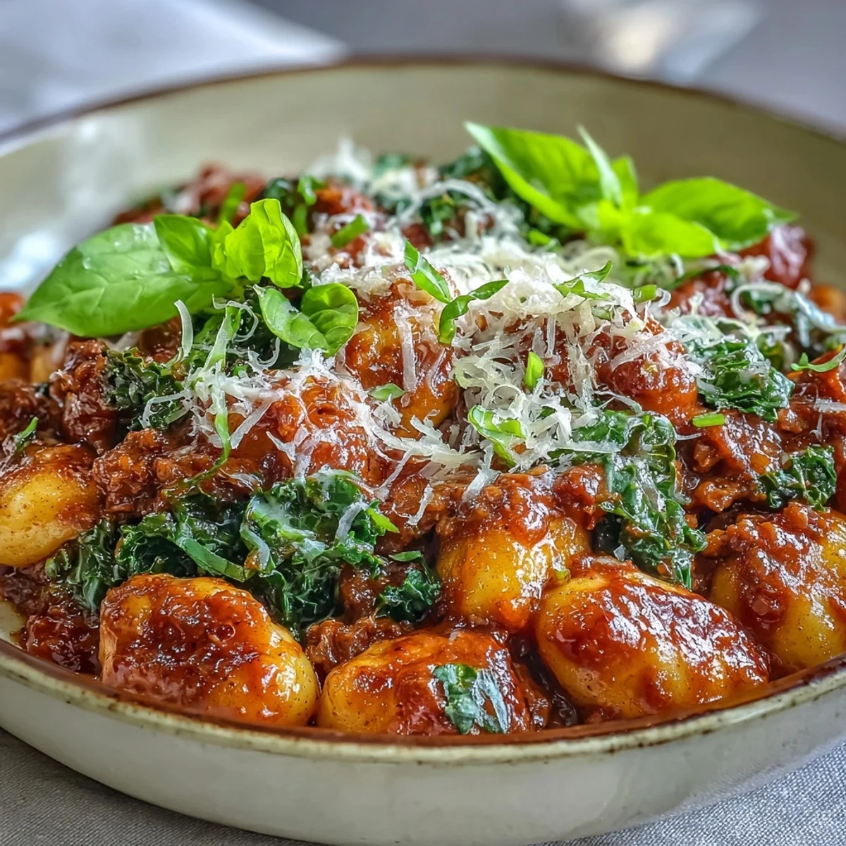 Steaming Sausage Gnocchi with Kale is tossed in a rich tomato sauce, garnished with fresh Parmesan and basil.