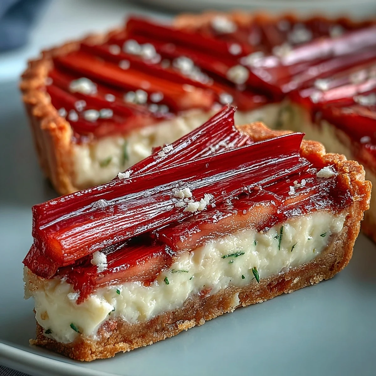 Close-up of a Rhubarb, White Chocolate, and Elderflower Tart with a crisp golden crust and roasted rhubarb batons.