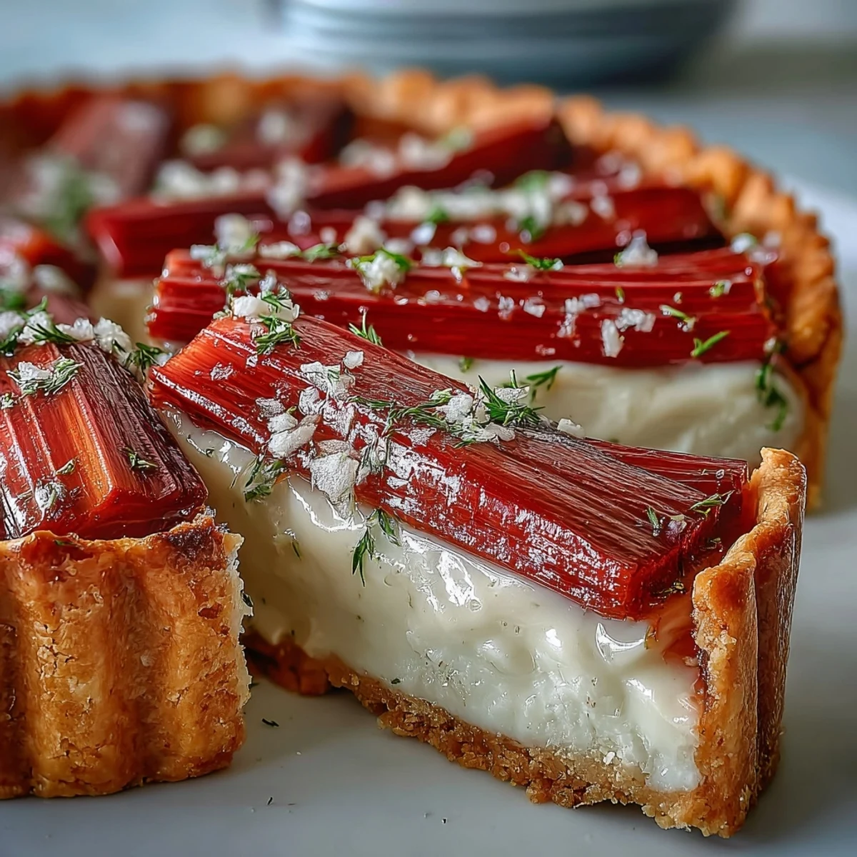 Rhubarb, White Chocolate, and Elderflower Tart slices showing creamy custard and tangy fruit, perfect for spring gatherings.