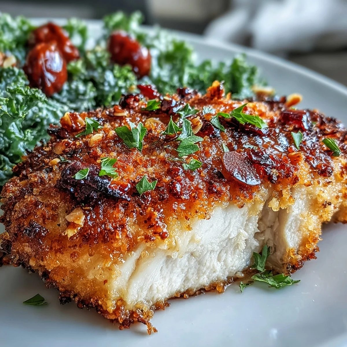 Golden-brown almond-crusted chicken breasts rest next to a vibrant marinated kale and sumac salad topped with slivered almonds.