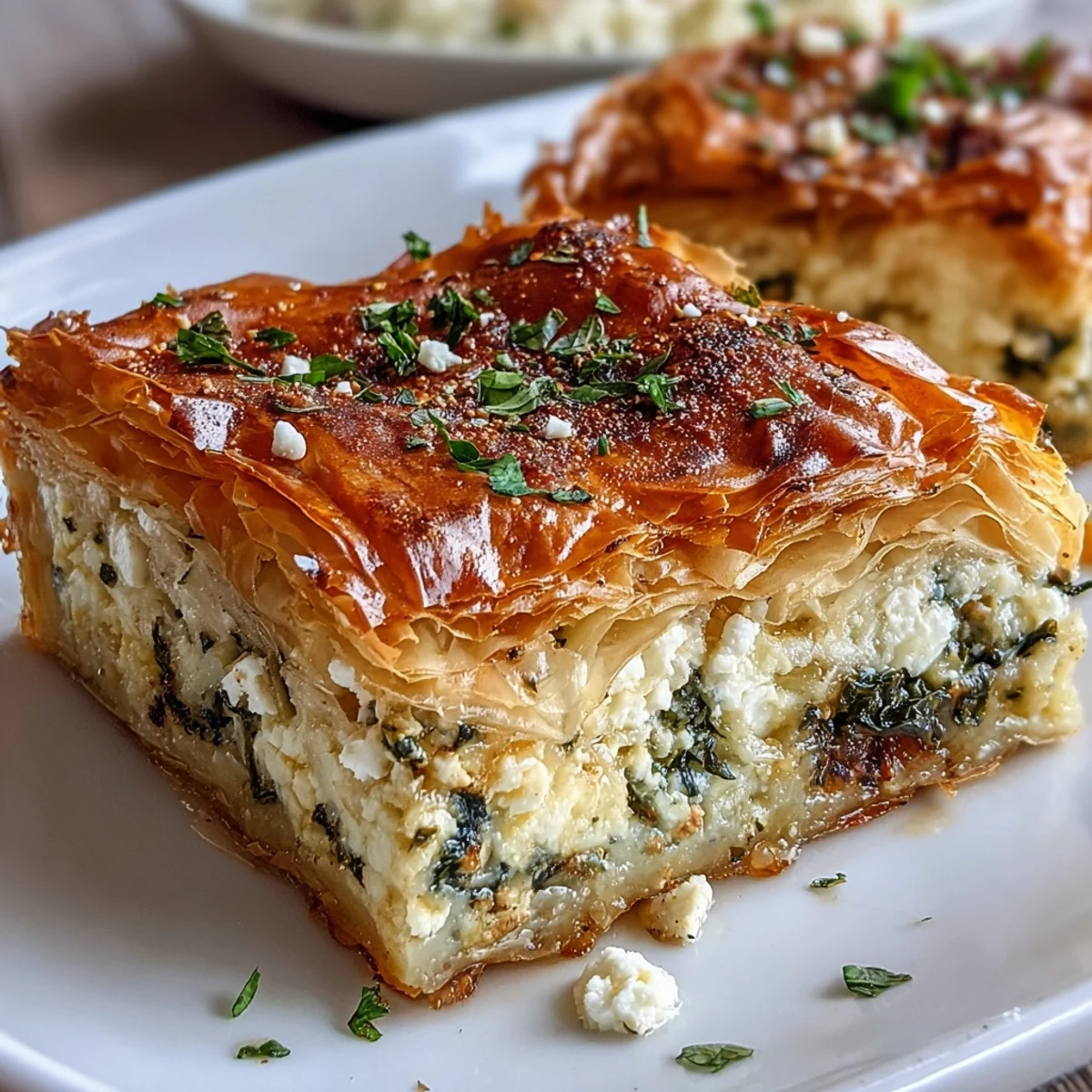 Golden-brown Feta and Kale Börek sits on a wooden cutting board, showcasing crisp, flaky filo pastry layers perfect for a savory snack.