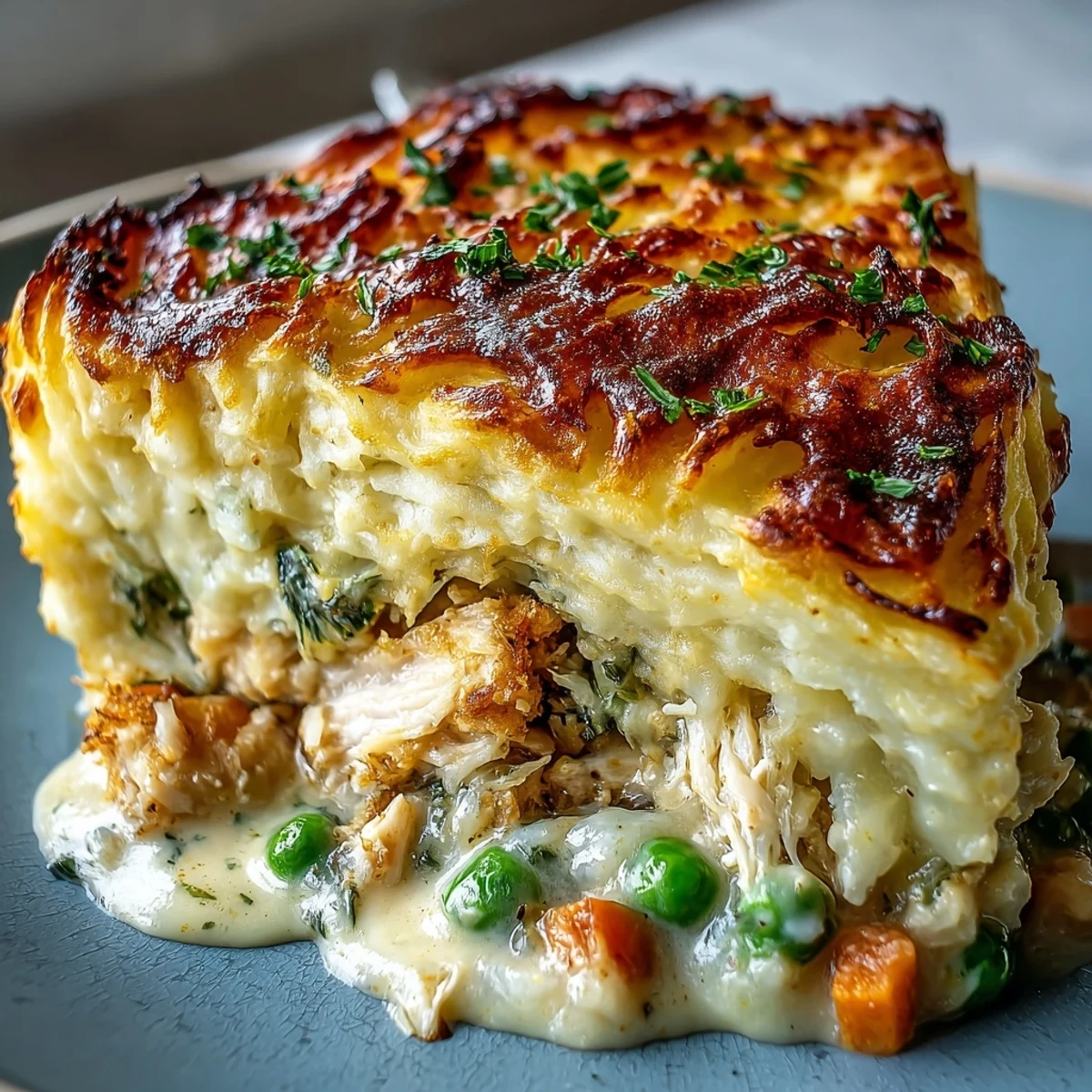 Golden, crispy mashed potato topping covers a creamy curried fish pie with shrimp, peas, and flaky cod ready to serve.