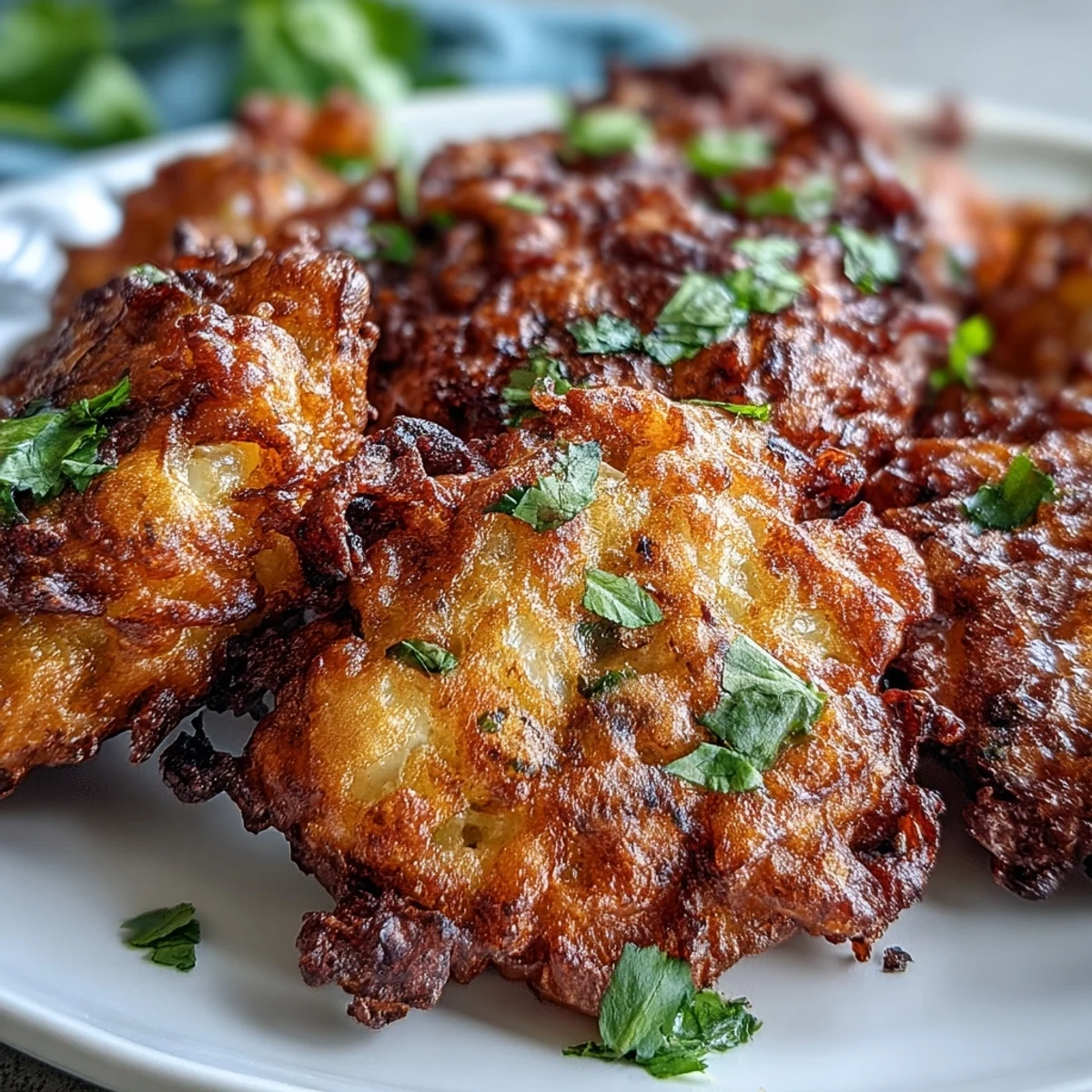 Golden-brown Cauliflower Bhajis are plated with a creamy yogurt dip and fresh mint leaves.