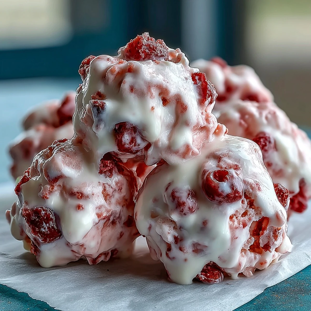 A close-up of Strawberry & Banana Yoghurt Clusters, showing the honey-sweetened texture and generous freeze-dried fruit pieces, perfect for a healthy frozen snack.