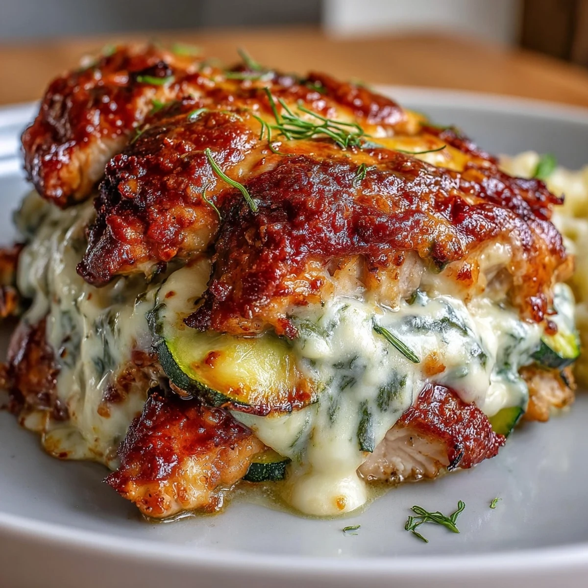 A close-up view of a hearty High Protein Chicken Zucchini Bake, showcasing tender chicken chunks and crisp zucchini slices in a cheesy, baked casserole.