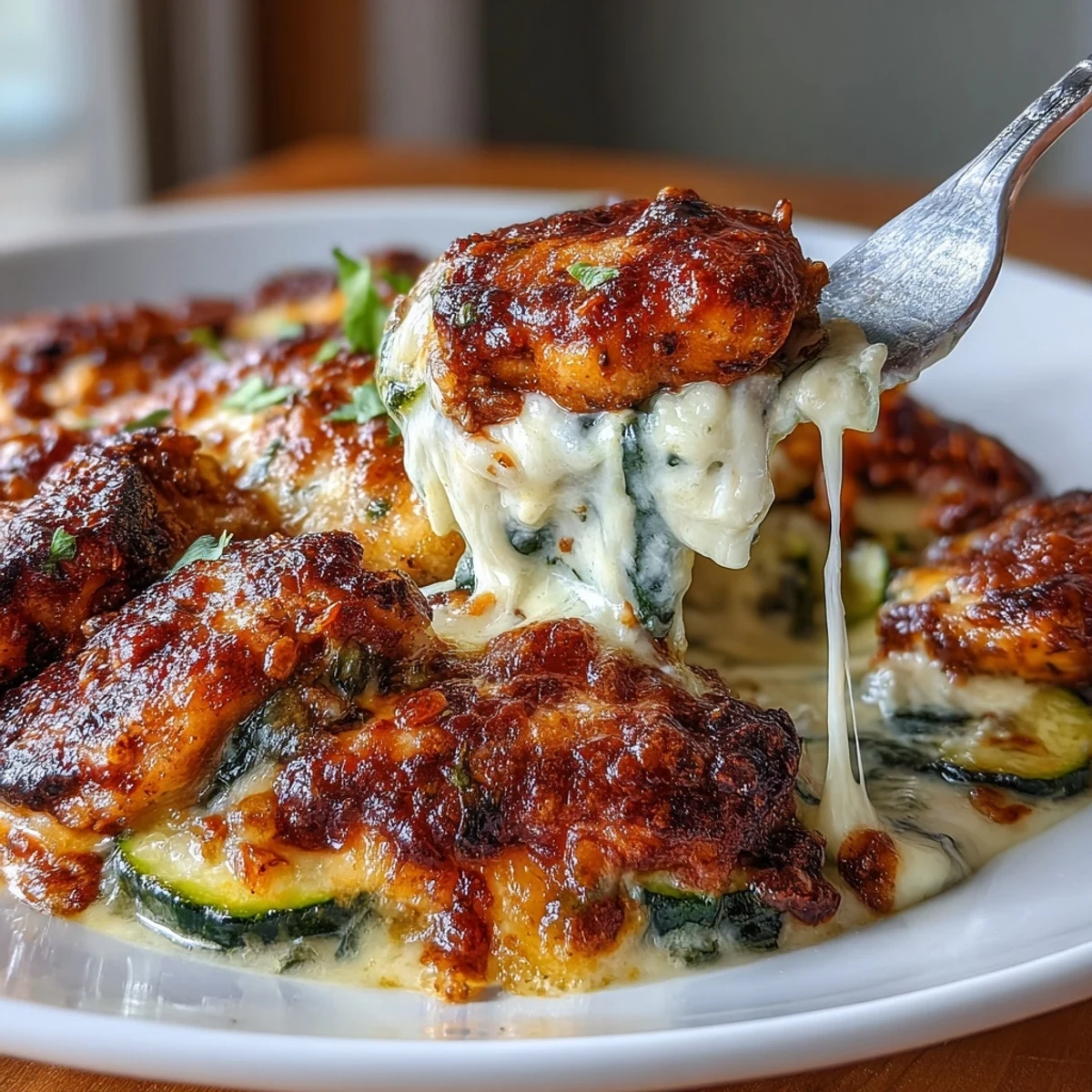 Sliced High Protein Chicken Zucchini Bake served on a white plate, featuring a gooey cheese pull and fresh parsley garnish for a delicious dinner.