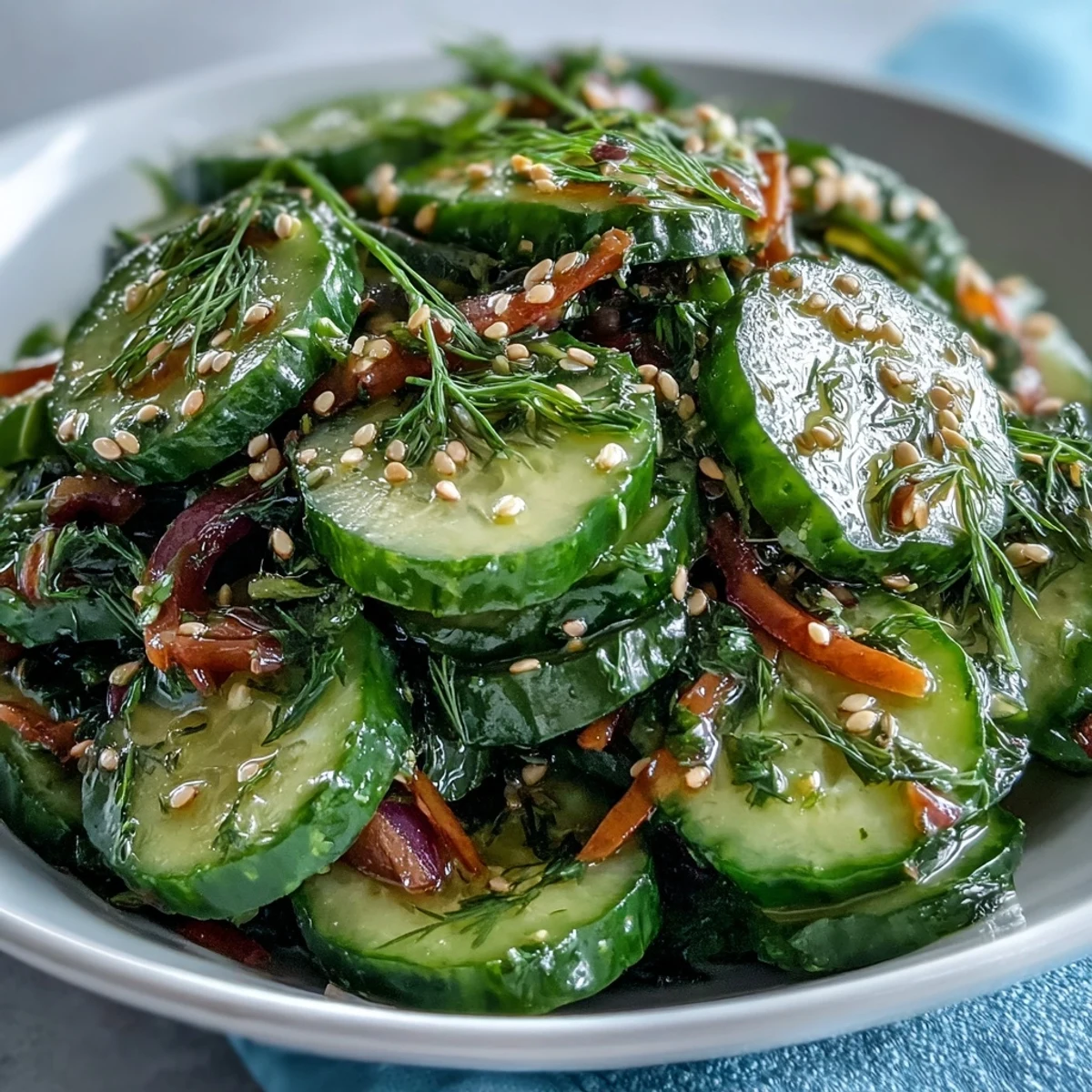 Refreshingly crisp and chilled, this crunchy cucumber salad features thinly sliced cucumbers and red onion tossed in a tangy, sweet vinegar dressing.