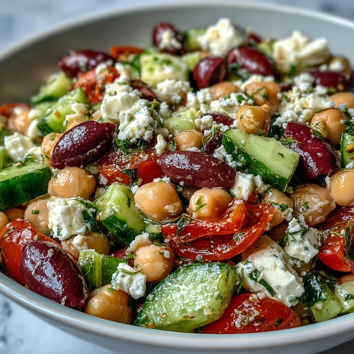 Freshly marinated Greek Bean Salad in a white bowl with lemon zest, chopped cucumber, cherry tomatoes, Kalamata olives, and crumbled feta.