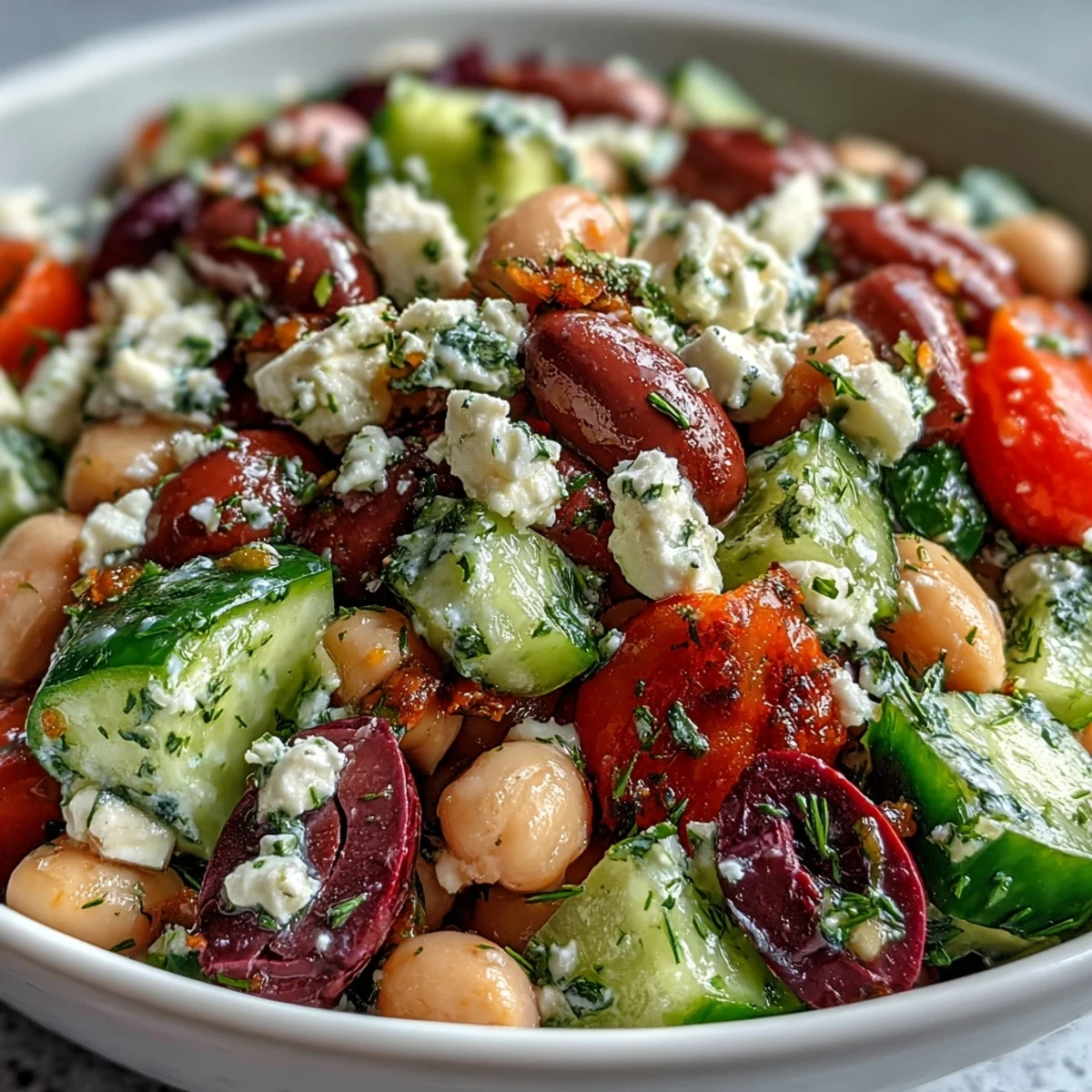 Greek Bean Salad tossed with crisp cucumber, bright tomatoes, and briny olives, topped with creamy feta and fresh herbs for serving.