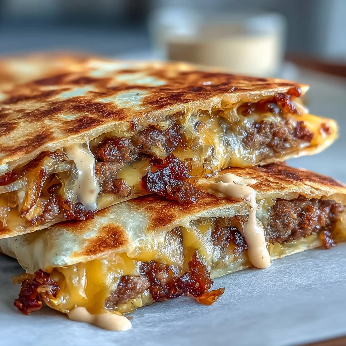 Cheesy Griddled Smashburger Quesadillas on a plate, filled with golden brown beef, sharp cheddar, and melted American cheese.