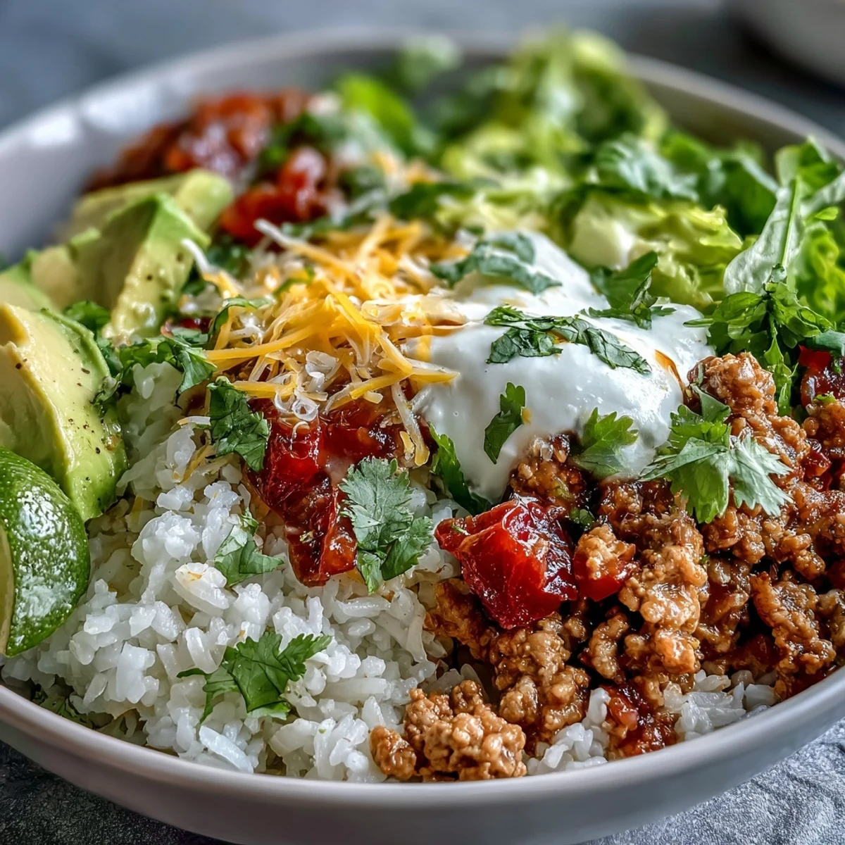 A finished Turkey Taco Bowl features fluffy rice, avocado, and shredded cheese, with a lime wedge on the side.