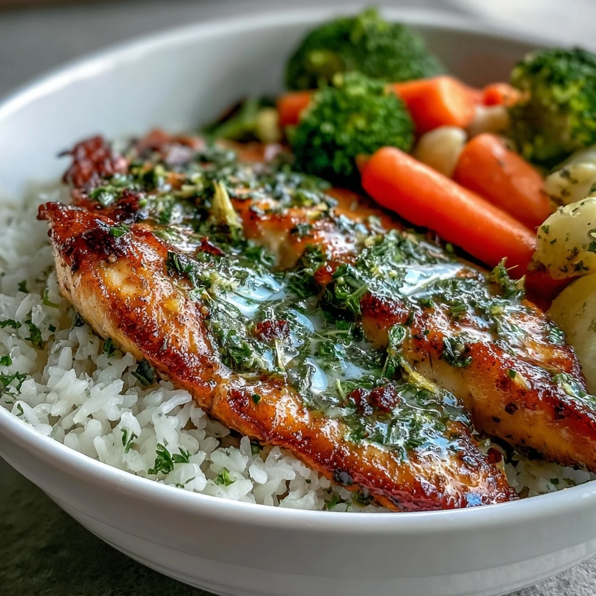 Freshly baked tilapia bowl with fluffly white rice, steamed broccoli, and tender carrots, finished with a zesty lemon herb drizzle.