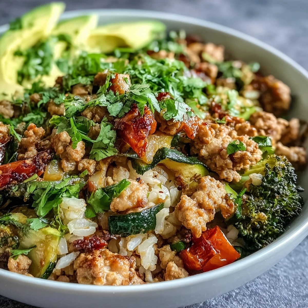 Golden-brown seasoned ground turkey rests alongside roasted broccoli, bell peppers, and red onion in a hearty grain bowl.