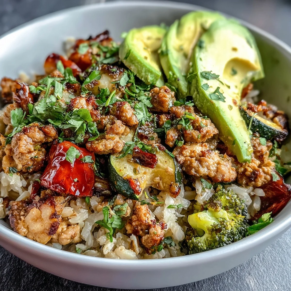 A finished Ground Turkey Bowl featuring tender roasted zucchini, cherry tomatoes, and avocado slices topped with fresh cilantro and lime.
