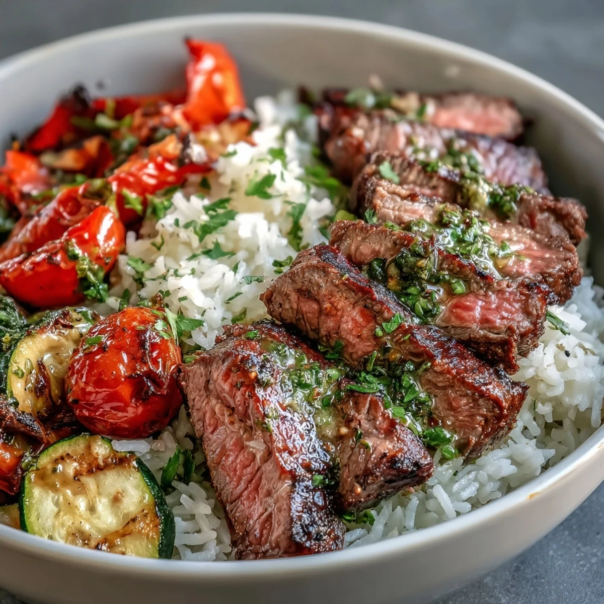 Steaming bowl of Grilled Steak Bowl with fluffy rice and vibrant chimichurri sauce.