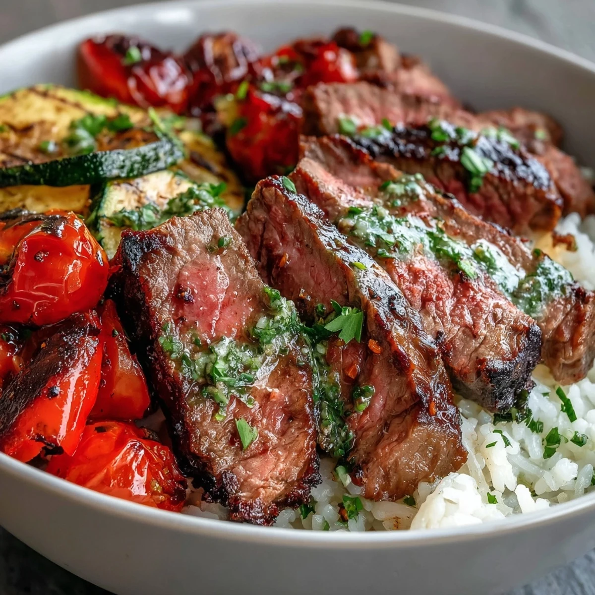 Colorful Grilled Steak Bowl topped with tender steak and fresh chimichurri drizzle.