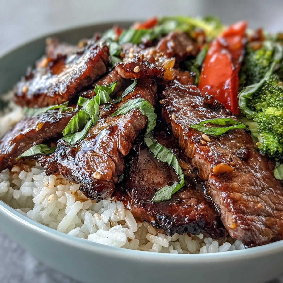 Glossy teriyaki beef slices glaze over fluffy rice, surrounded by crisp sautéed vegetables and topped with sesame seeds.