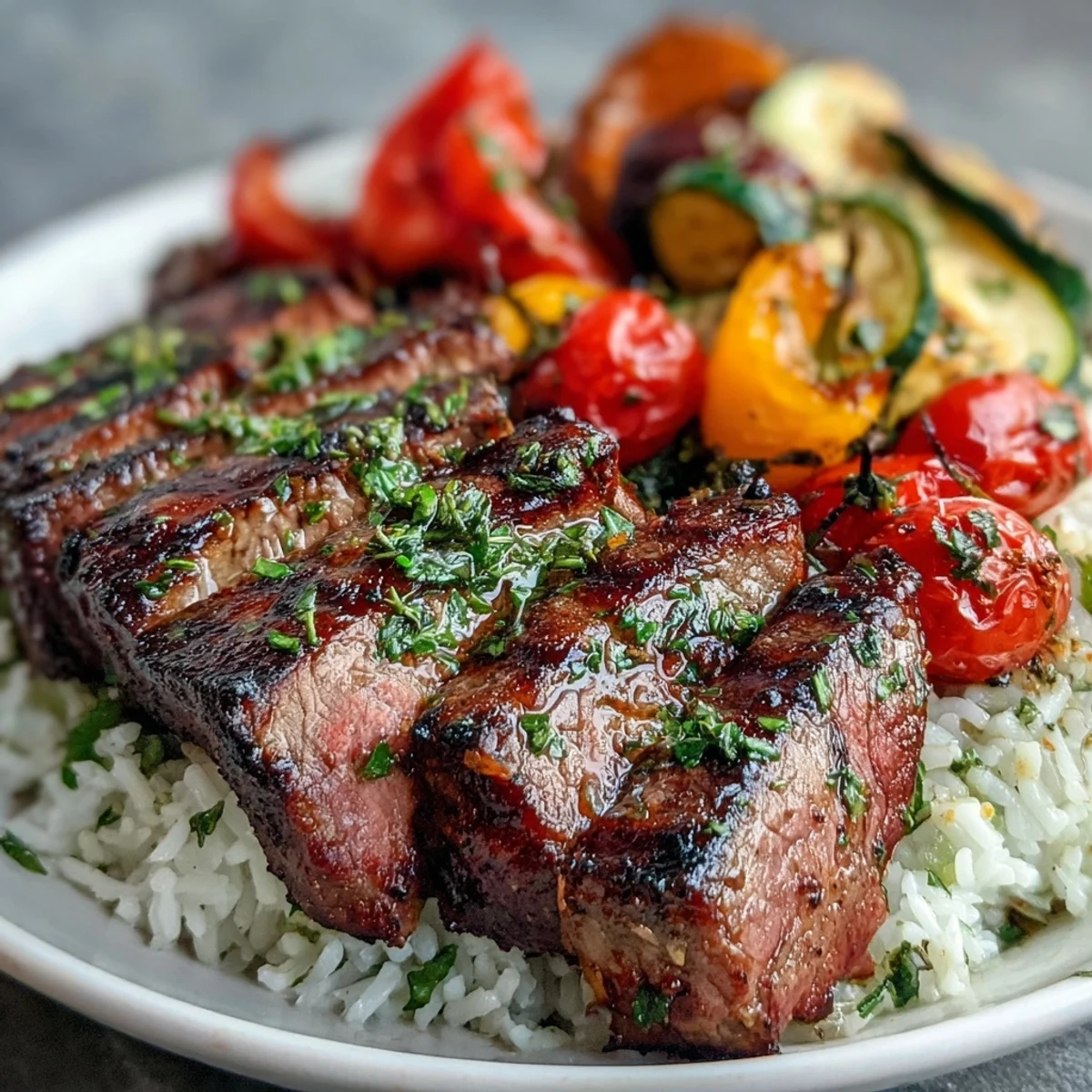 Golden, juicy sliced steak rests atop fluffy white rice and vibrant roasted peppers, zucchini, and tomatoes from a Sheet Pan Steak and Veggie Bowl.