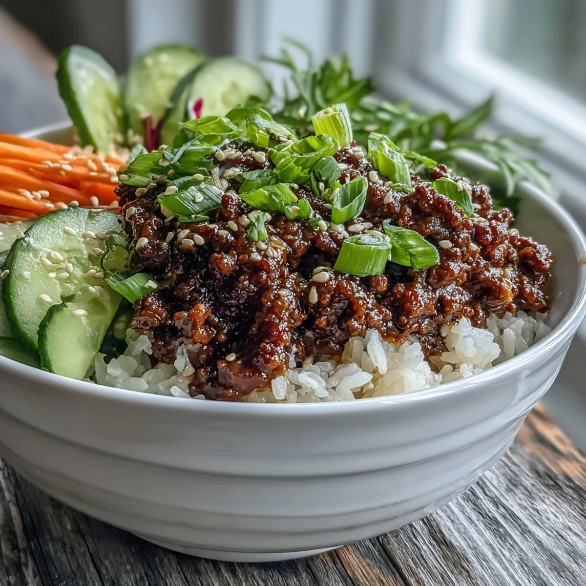 Steaming Korean Ground Beef Bowl with jasmine rice topped with bright pickled carrots, cucumber, and radish garnished with sesame seeds and green onions.