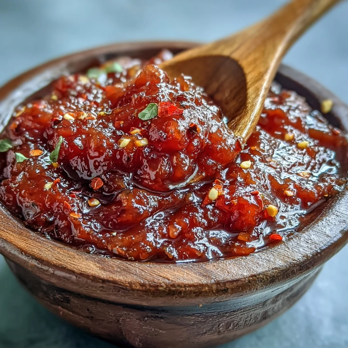 Tropical Guava BBQ Sauce From Scratch simmering in a glossy saucepan with a wooden spoon lifting the thick, brick-red, aromatic sauce.
