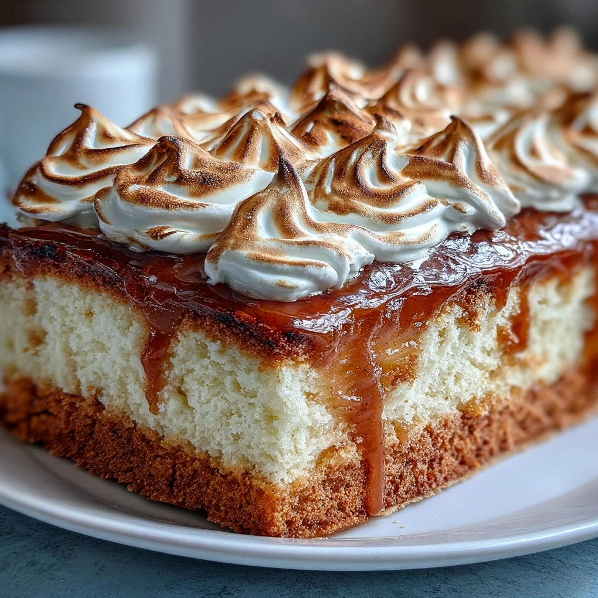 Freshly sliced Homemade Brazo Gitano reveals its vibrant pink guava filling and fluffy white meringue topping on a rustic wooden board.