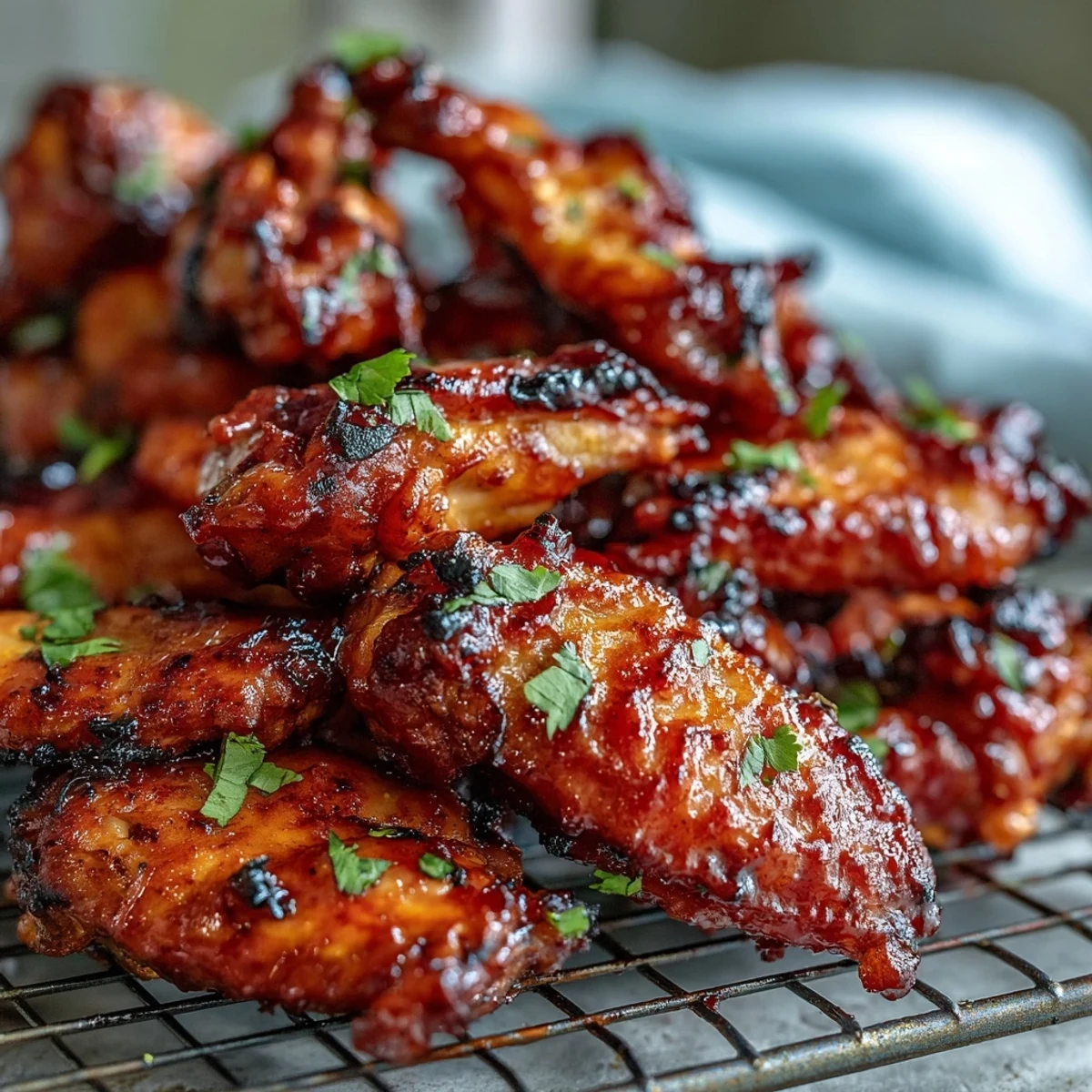 Close-up of Guava BBQ Glazed Chicken Wings, showcasing crispy skin and caramelized edges perfect for game day snacking.