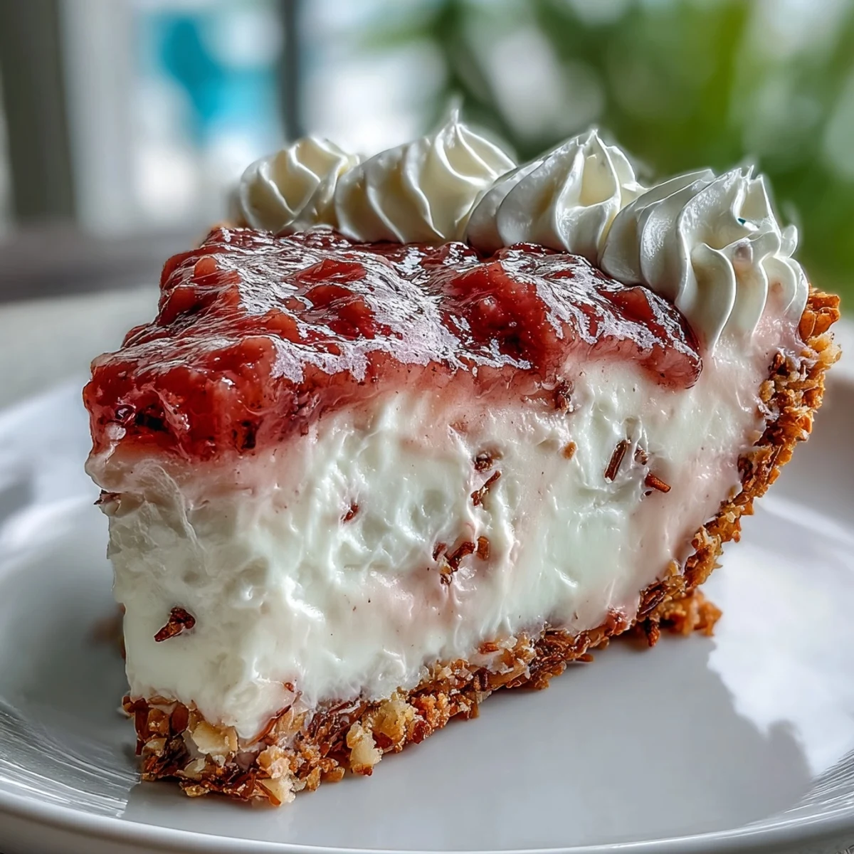 Freshly baked Guava Cloud Pie showcases a vibrant pink filling inside a golden macadamia nut crust with fluffy whipped cream.