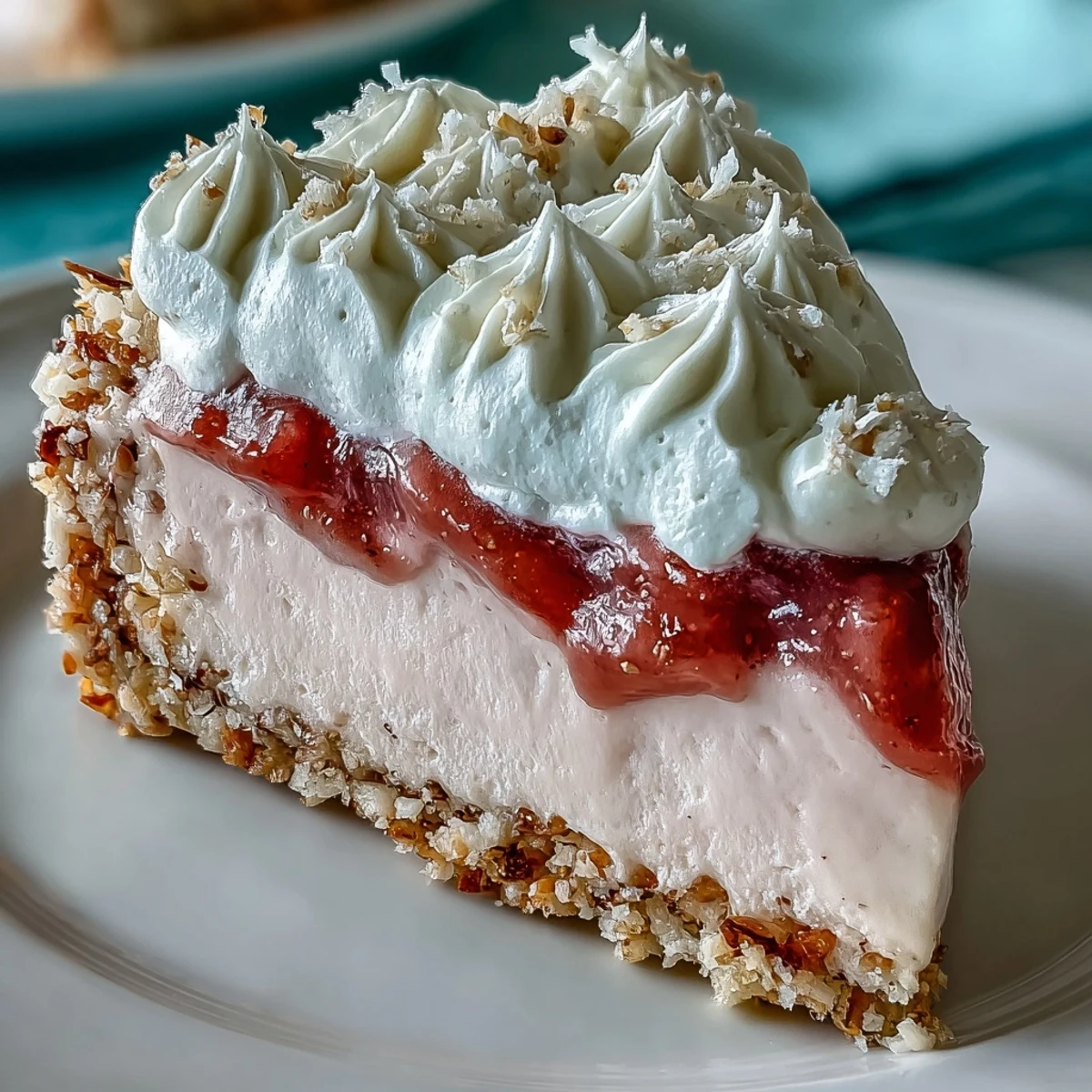 Creamy Guava Cloud Pie slice reveals a luscious, tropical filling, crisp graham cracker base, and billowy whipped topping.