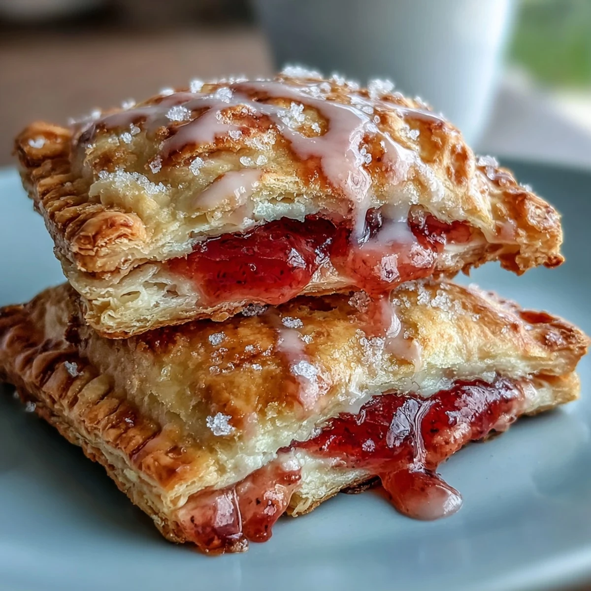 Golden-baked Guava Cheese Pop Tarts rest on a wire cooling rack, their glossy pink glaze dripping down the flaky crust next to a cup of coffee.
