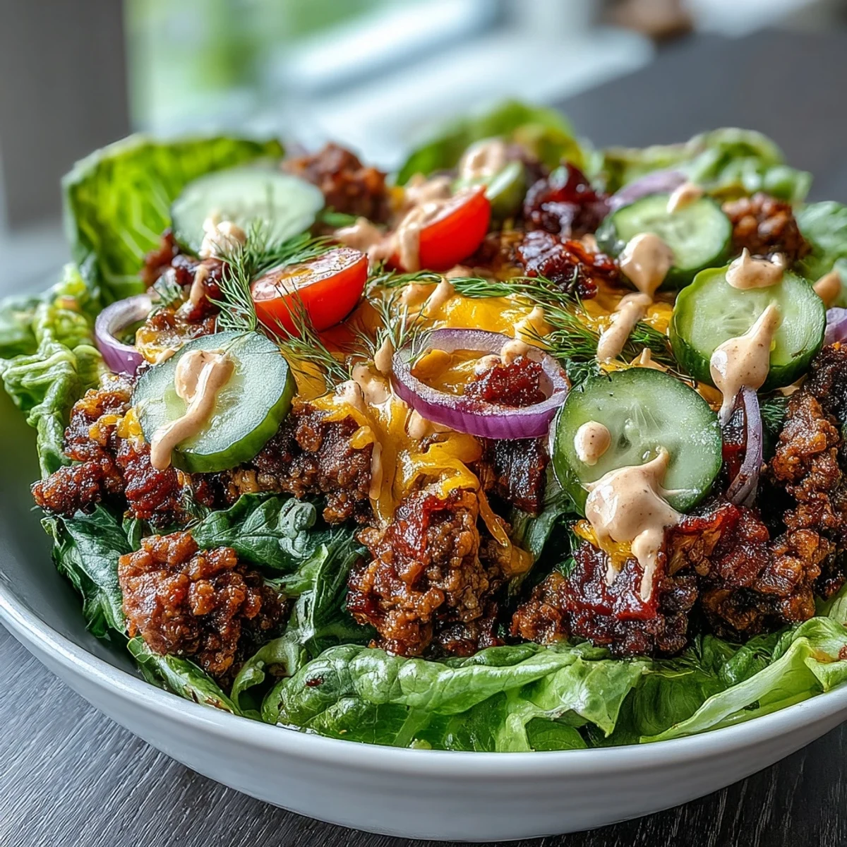 Assembled High-Protein Cheeseburger Bowls with ground beef, crisp lettuce, onions, and tangy burger sauce drizzled over the top.