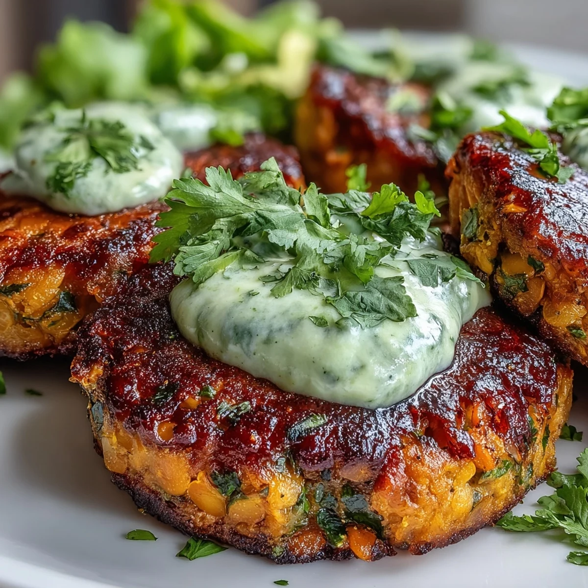 Homemade Crispy Sweet Potato & Red Lentil Patties, golden-brown and paired with avocado sauce for dipping.