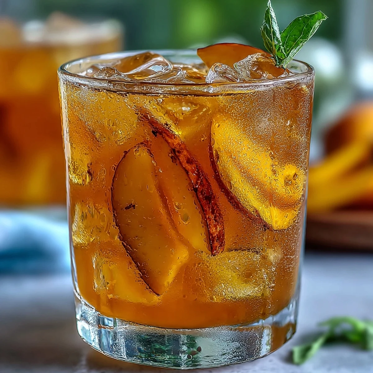 Homemade Mango Iced Tea is poured from a glass pitcher into a mason jar filled with ice, showing vibrant, tropical colors.