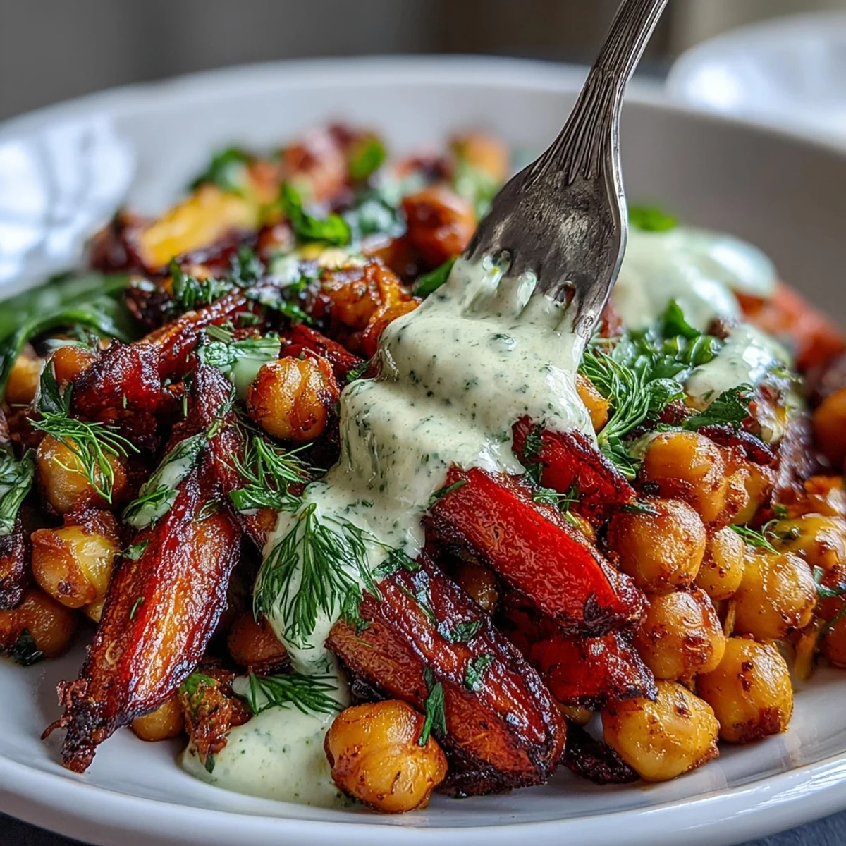 Close-up of the One-Pan Roasted Carrot and Chickpea Bowl showing caramelized vegetables and a creamy tahini drizzle. 
