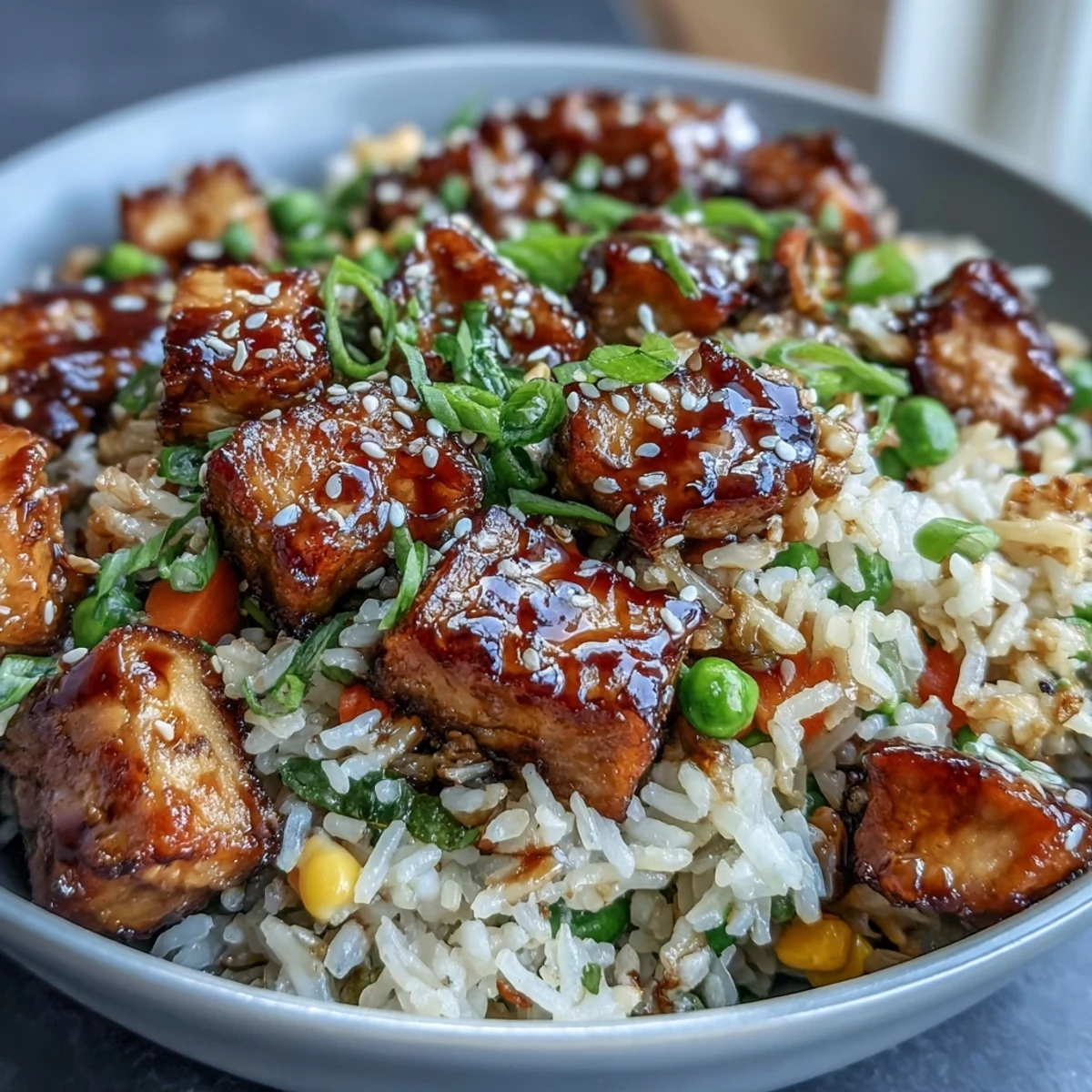 Garnished with toasted sesame seeds and scallions, this vegetarian Crispy Sesame Tofu Fried Rice is ready to serve.