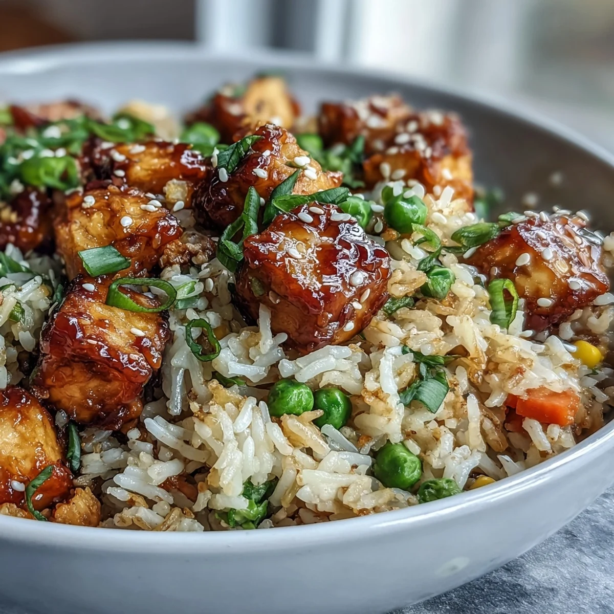 Quick weeknight Crispy Sesame Tofu Fried Rice with stir-fried onions, garlic, and veggies, plated steaming hot for a family meal.