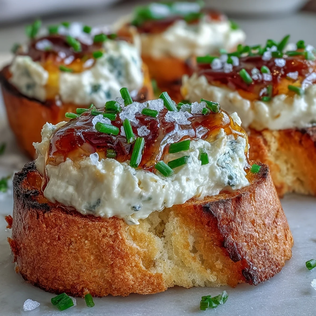 Easy Hot Honey Goat Cheese Crostini arranged on a platter, ready to serve with a glass of white wine.