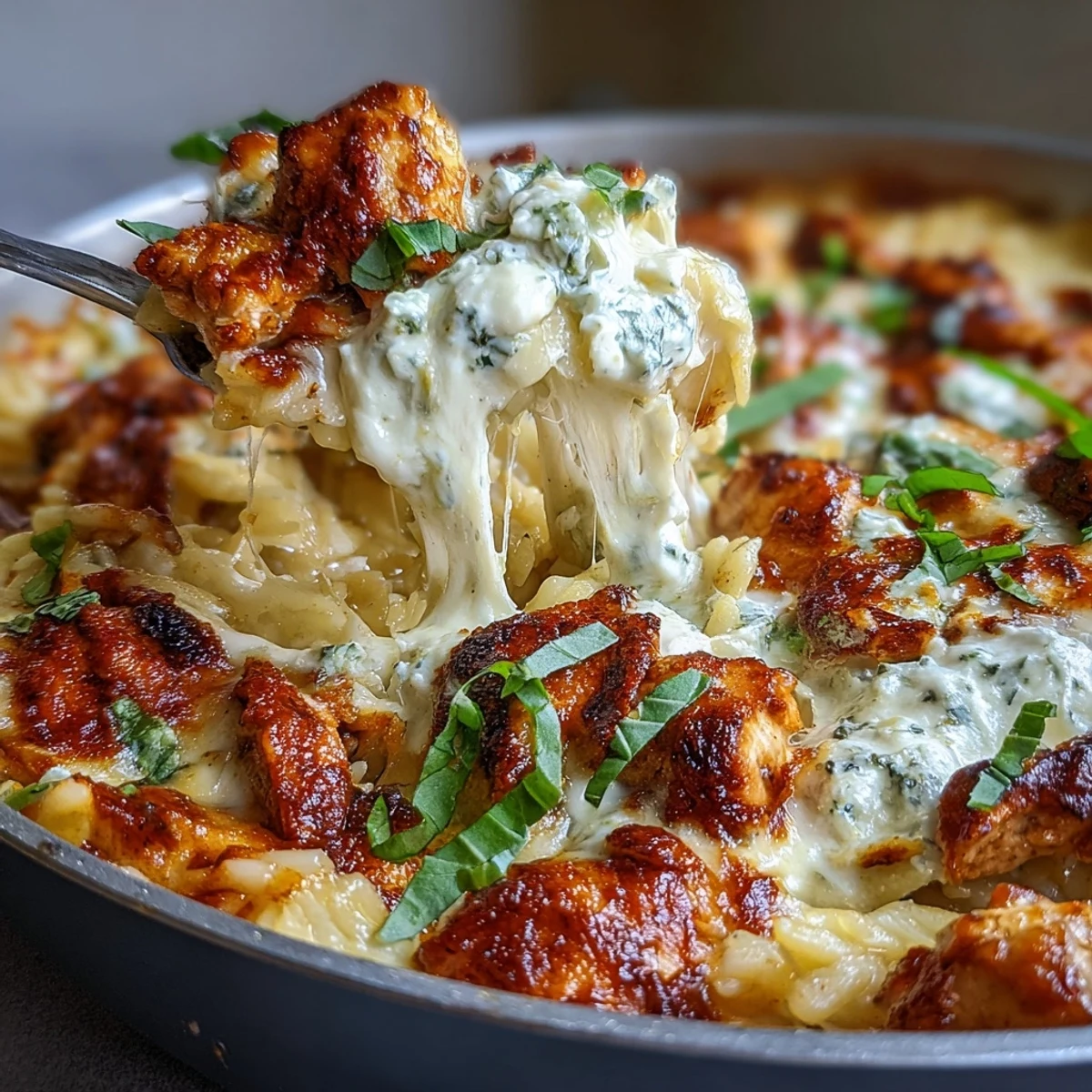 Close-up of One-Pan Creamy Chicken Lasagna Orzo showing melted mozzarella and ricotta on tender chicken pieces in a rich tomato sauce.