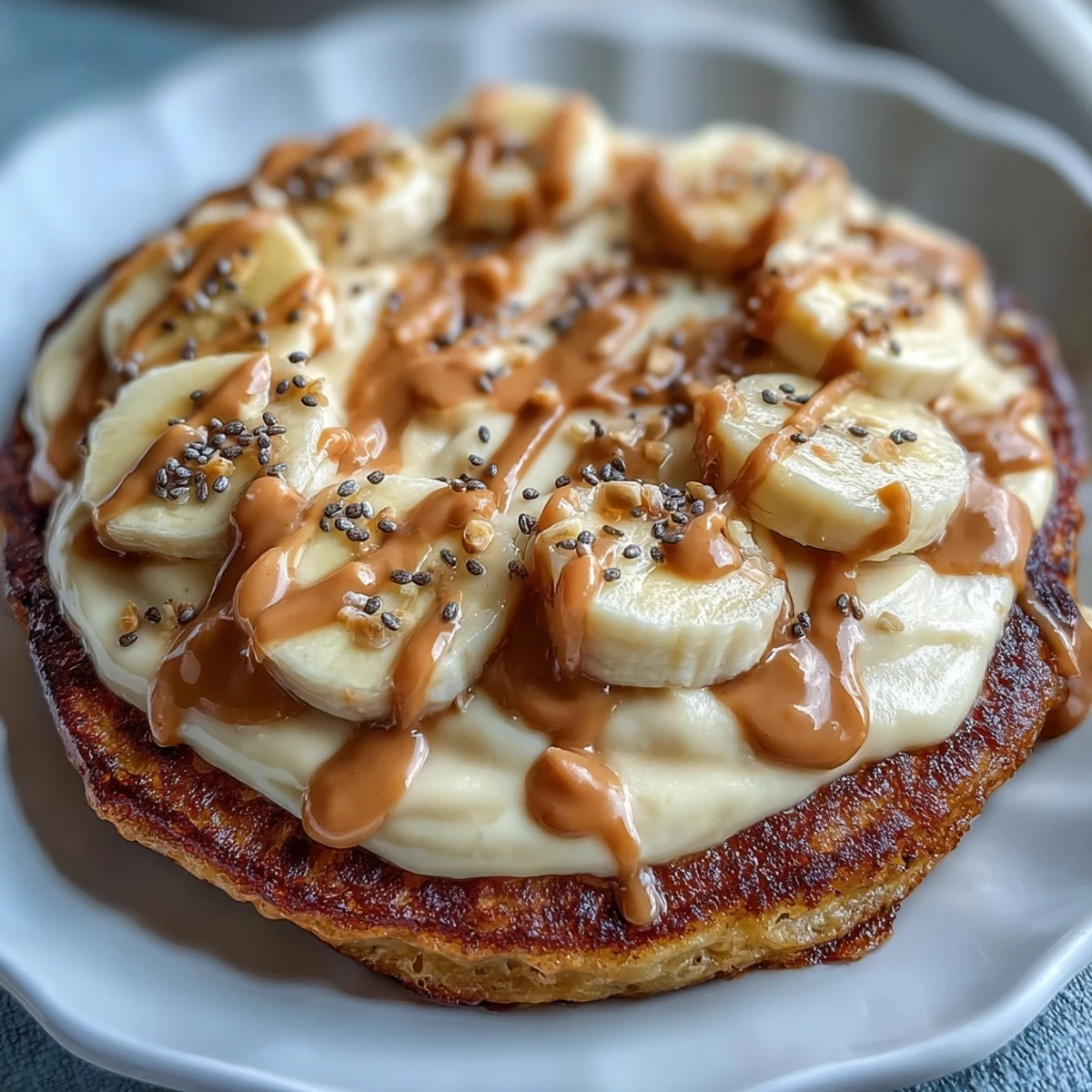 Golden-brown High-Protein Breakfast Pizza Bowl fresh from the oven, topped with creamy Greek yogurt frosting and a generous peanut butter drizzle. 
