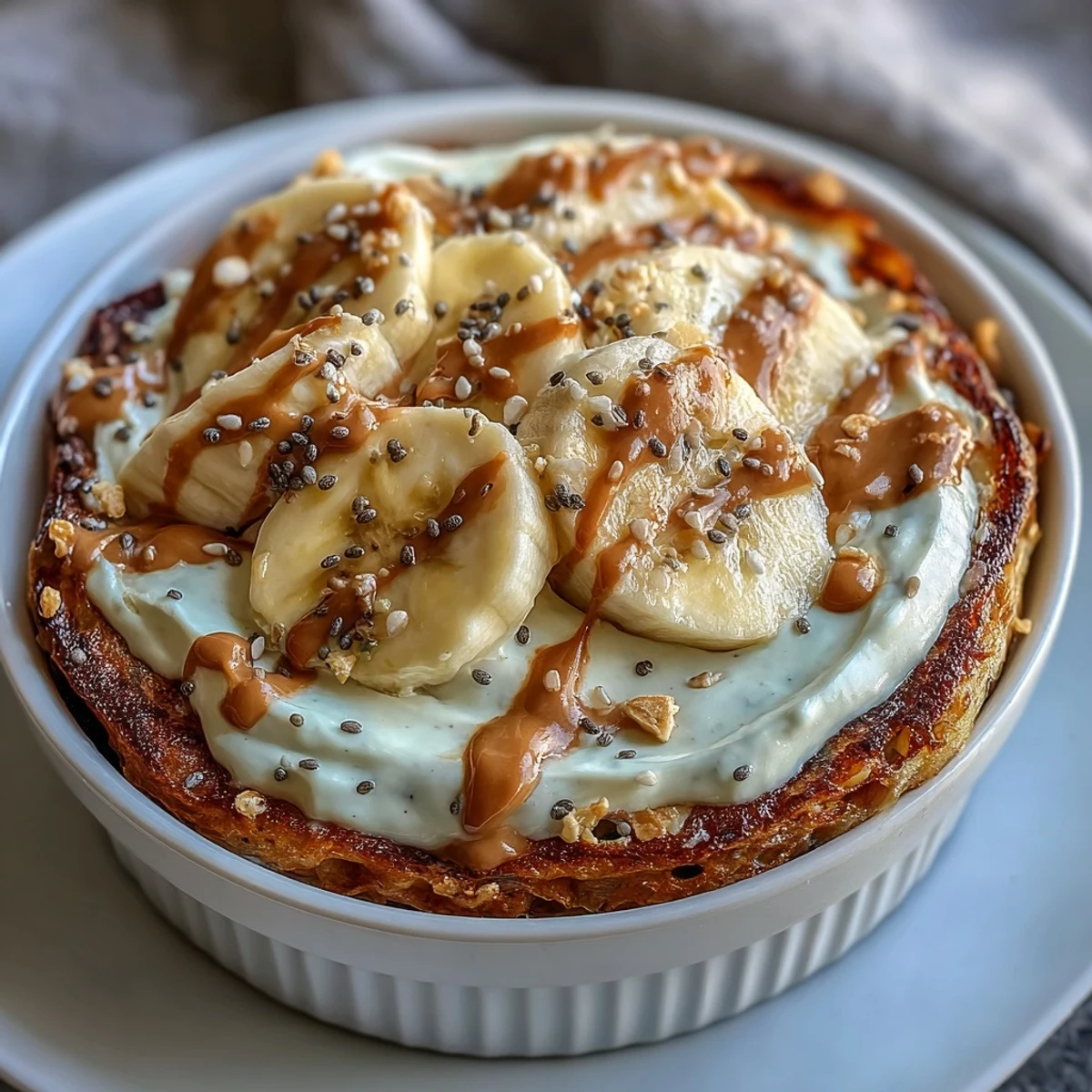 A close-up view of a forkful of High-Protein Breakfast Pizza Bowl, showing the fluffy pancake base and melted peanut butter topping.