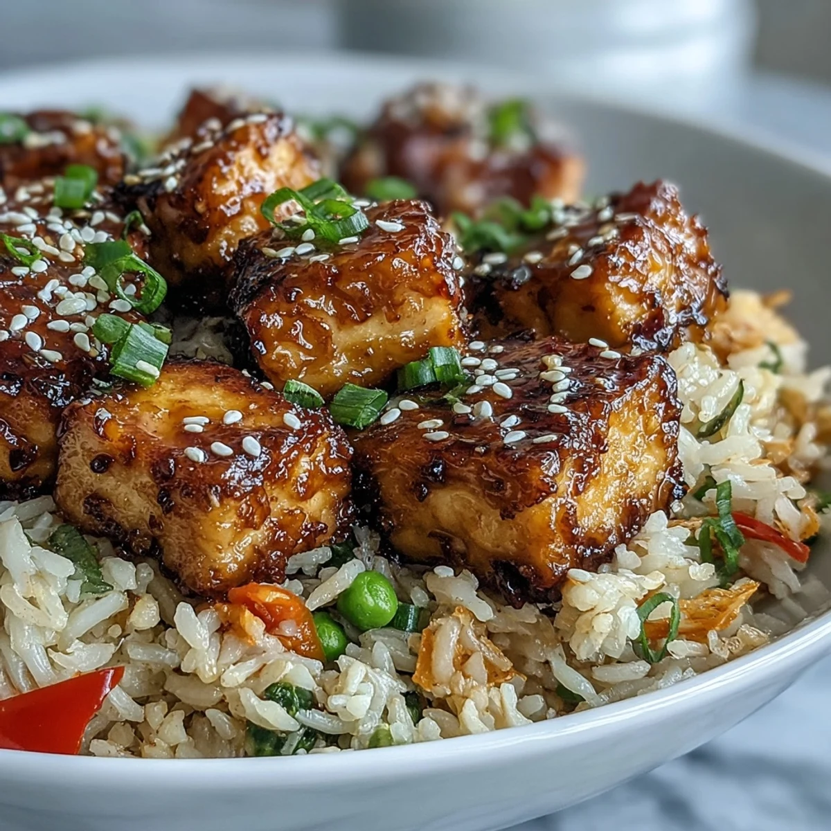 Golden crispy tofu cubes sizzle with fluffy jasmine rice and vibrant veggies in a sesame-ginger sauce.