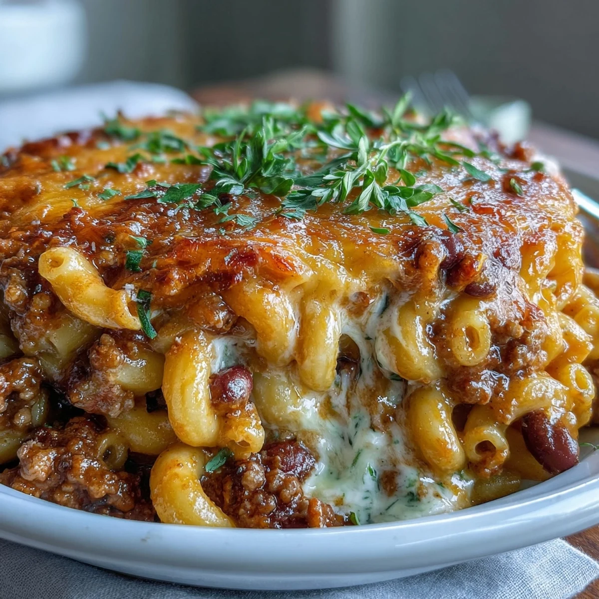 Golden, bubbly cheddar cheese tops a hearty skillet of Baked Ranch Turkey Chili Mac with beans and pasta.