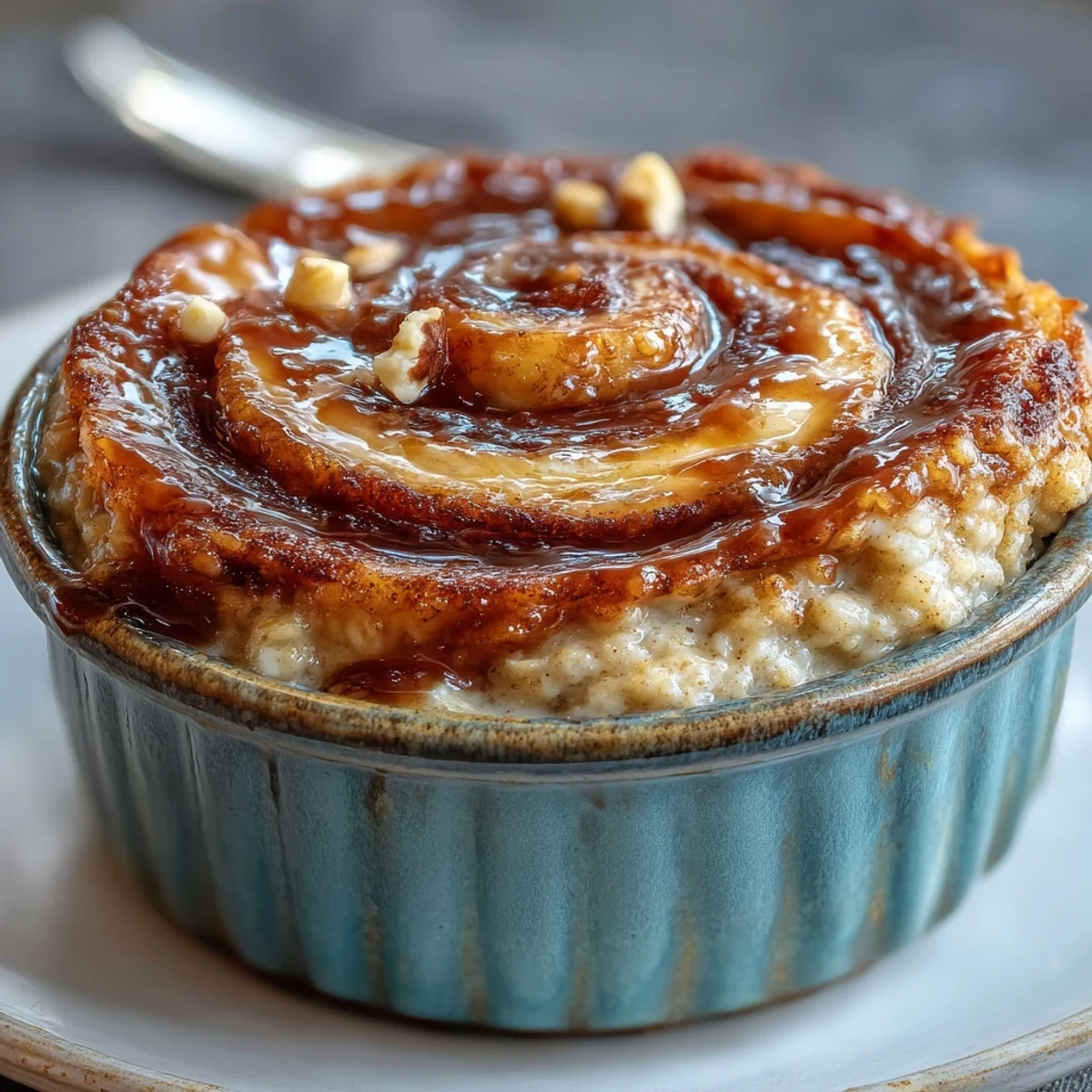 Golden brown Cinnamon Swirl Protein Banana Baked Oats with a moist interior, ready to eat right out of the oven with a side of hot coffee.