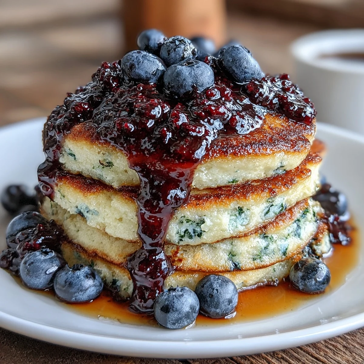 Close-up of High-Protein Greek Yogurt Pancakes being lifted with a fork, showing blueberry compote dripping.