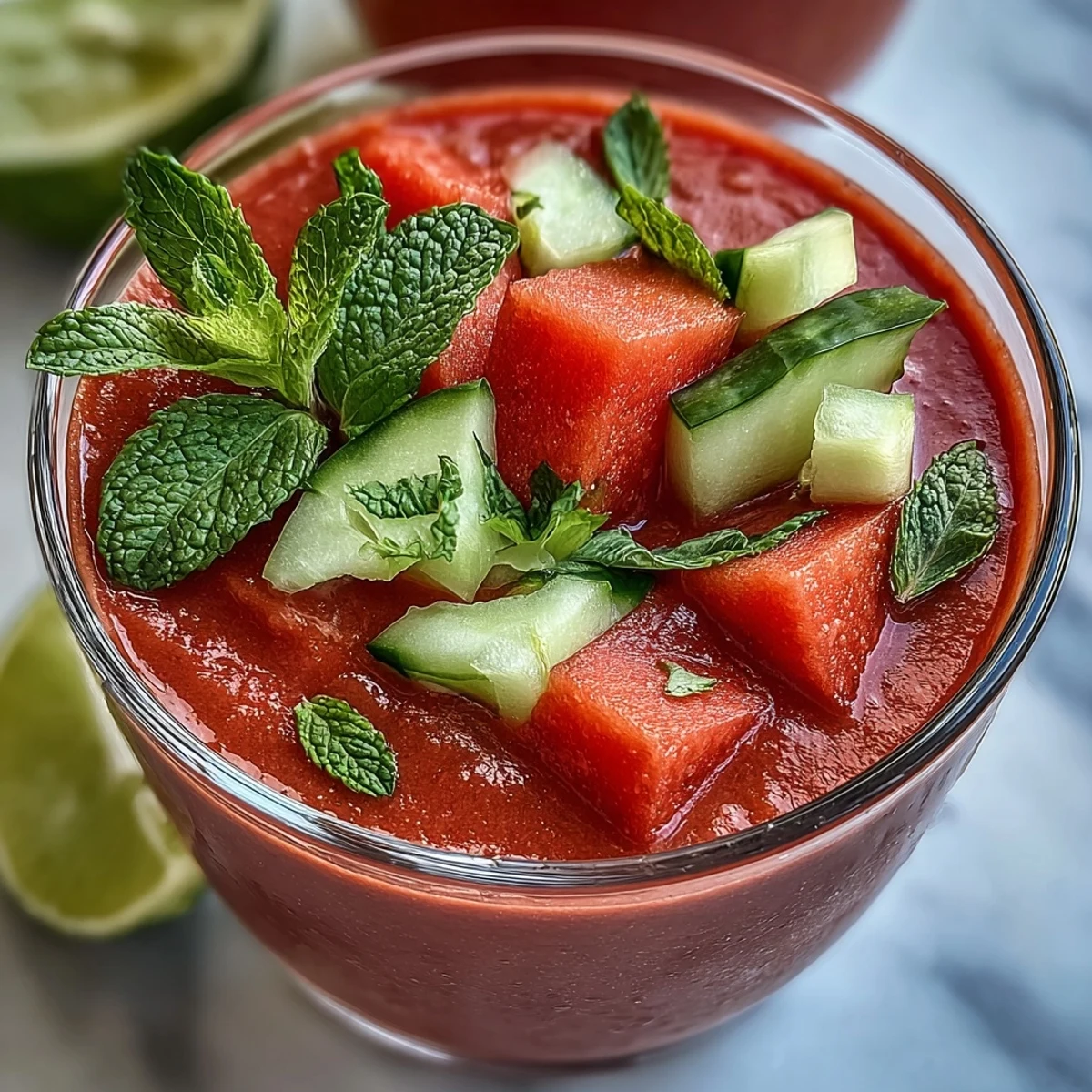 Chilled Vegan Watermelon Mint Gazpacho garnished with diced cucumber and fresh mint in a white bowl.