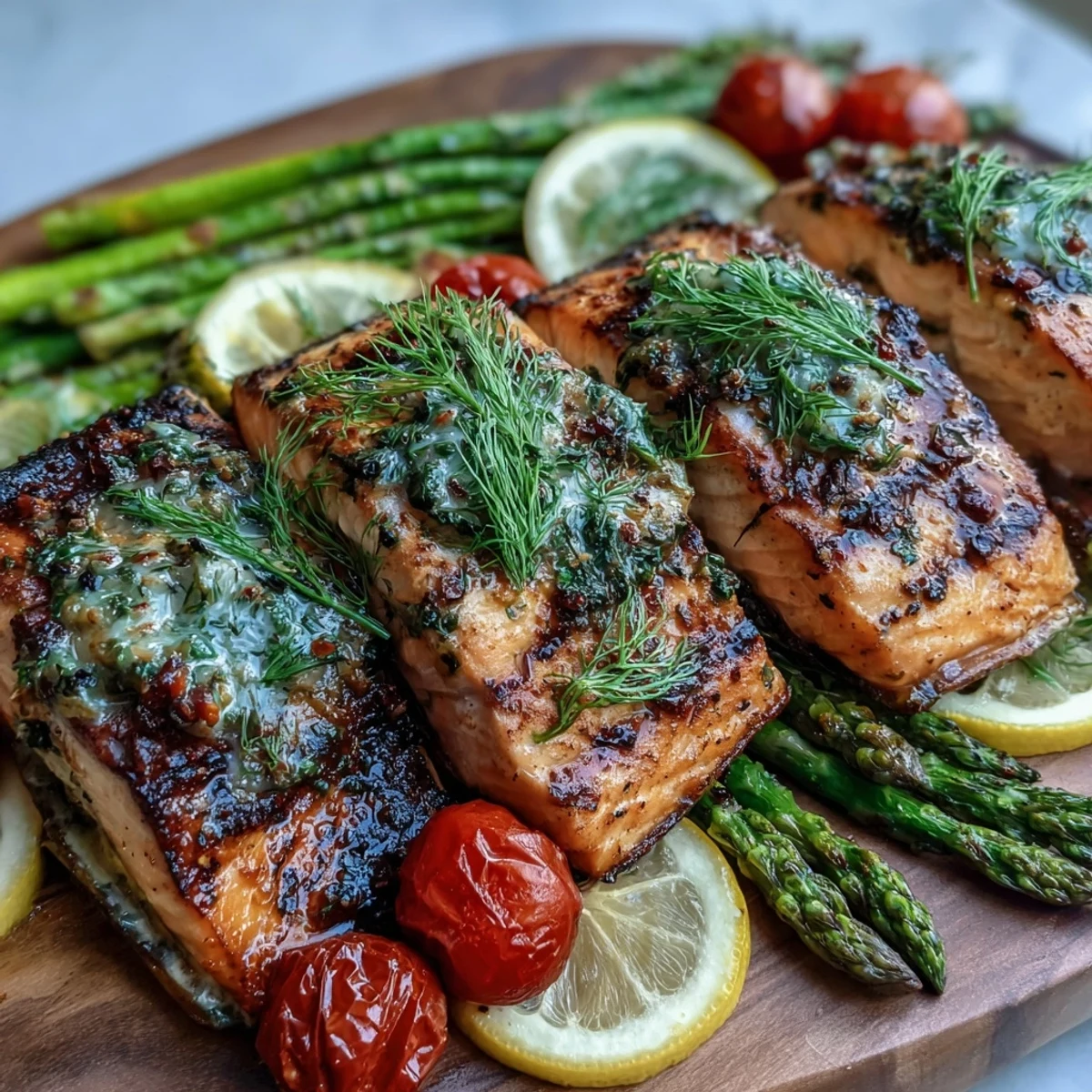 Perfectly charred Grilled Lemon Herb Salmon with vibrant asparagus and tomatoes plated for a healthy dinner.