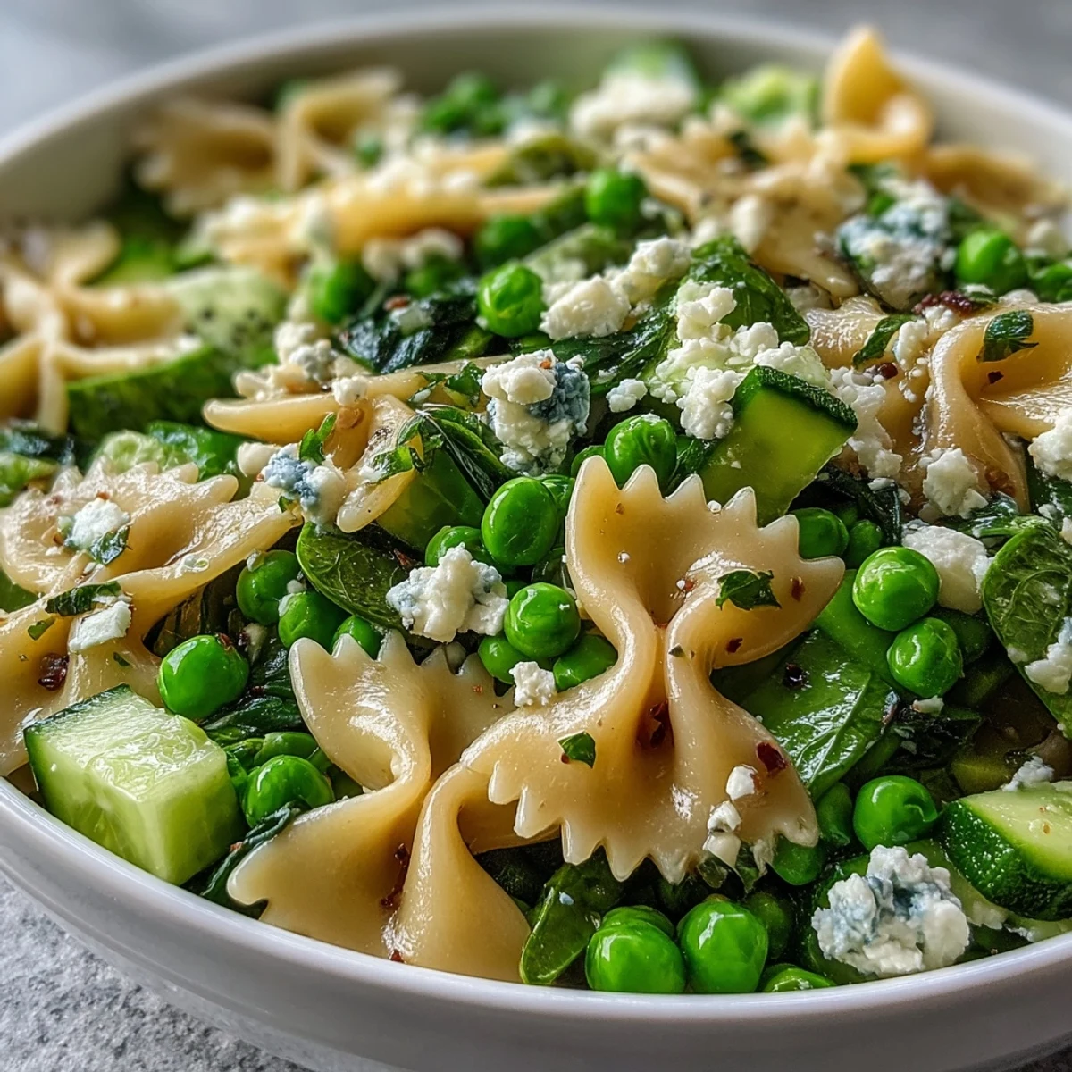 Overhead view of Fresh Spring Pea and Mint Pasta Salad with a zesty lemon vinaigrette, perfect for picnics.