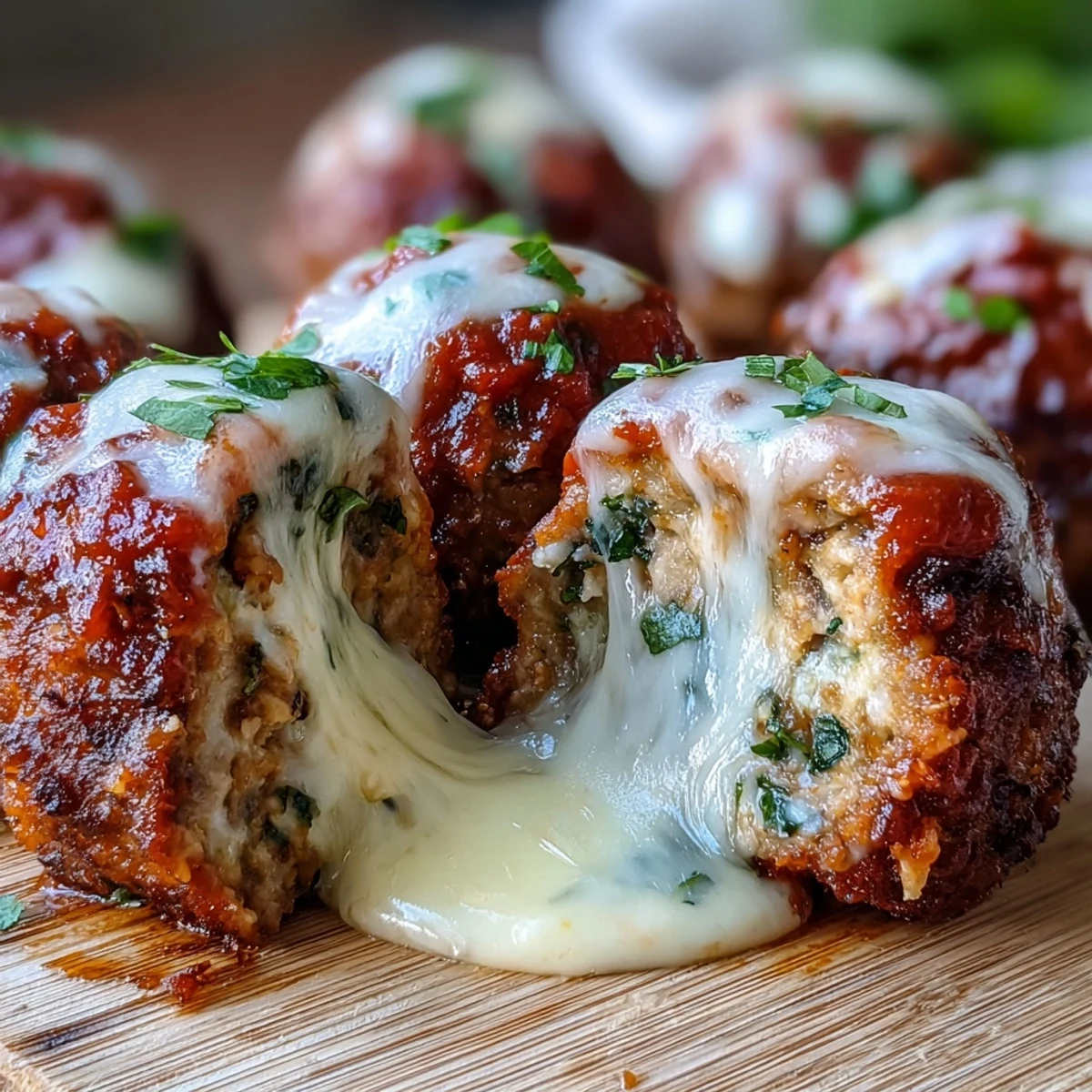 A close-up of Baked Spicy Chicken Parm Meatballs garnished with fresh parsley, ready to serve over spaghetti.