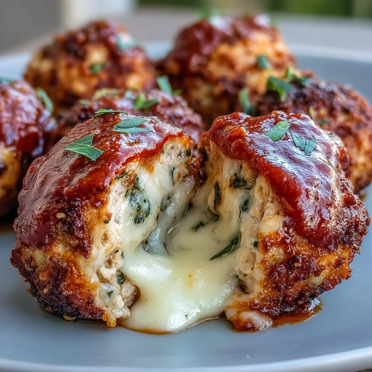 Freshly baked Baked Spicy Chicken Parm Meatballs in a dish, bubbling with spicy marinara and mozzarella topping.