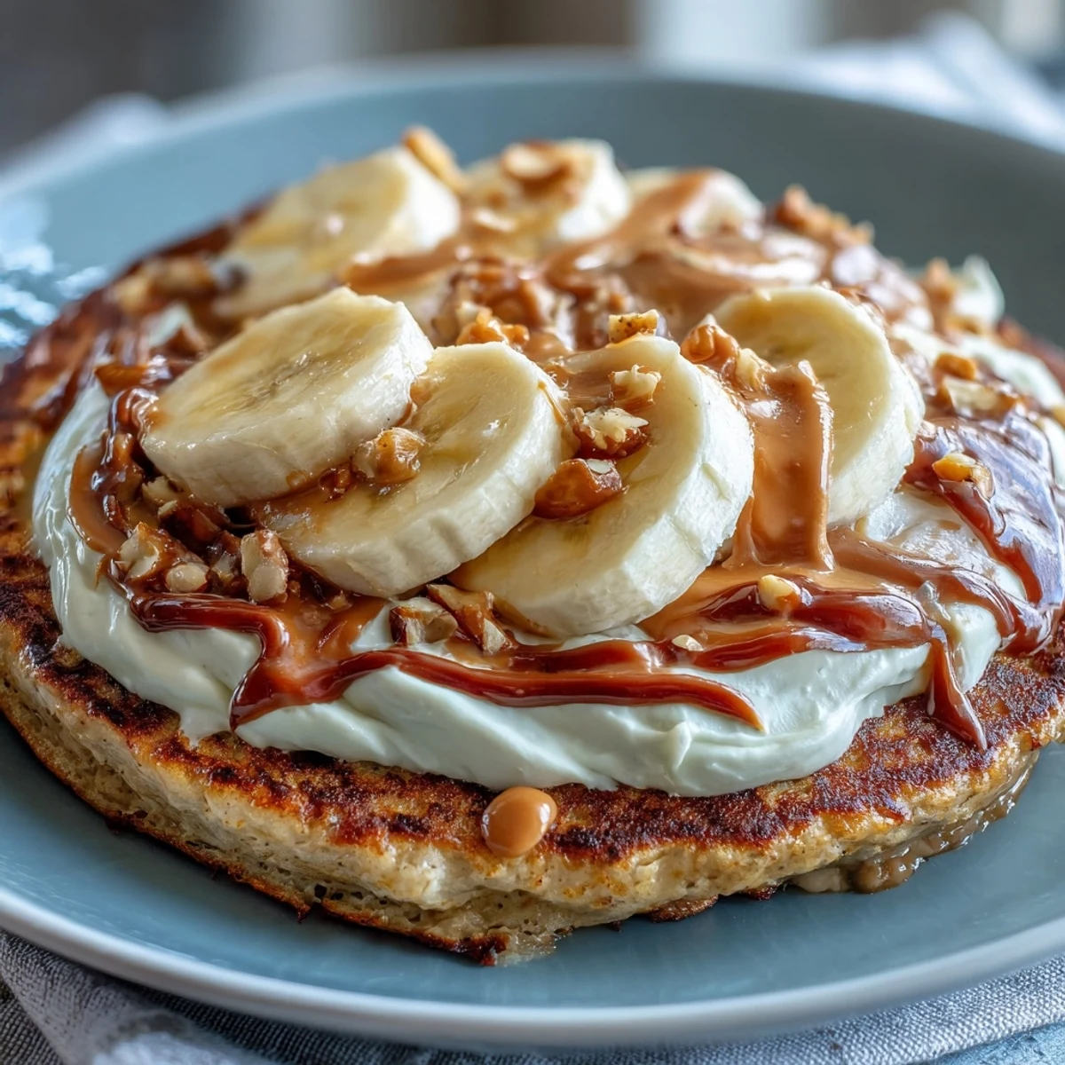 Freshly baked High-Protein Breakfast Pizza Bowl with golden pancake base and creamy Greek yogurt frosting.
